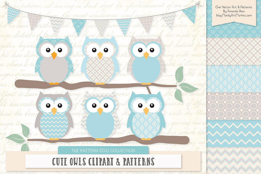 Owls Clipart & Patterns in Soft Blue in Illustrations - product preview 8