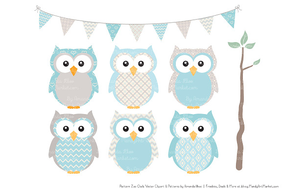 Owls Clipart & Patterns in Soft Blue in Illustrations - product preview 1