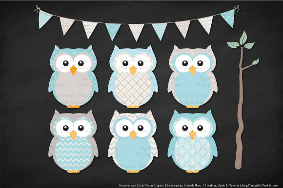 Owls Clipart & Patterns in Soft Blue in Illustrations - product preview 2