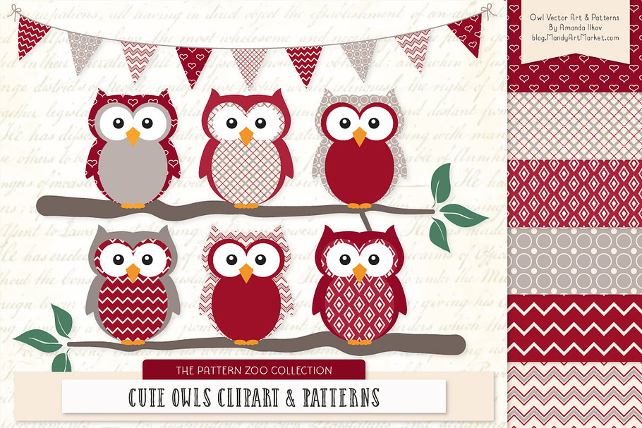 Owls Clipart & Patterns in Ruby in Illustrations - product preview 8