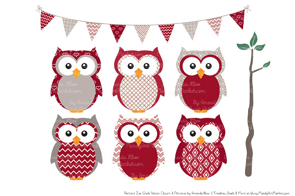 Owls Clipart & Patterns in Ruby in Illustrations - product preview 1