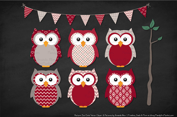 Owls Clipart & Patterns in Ruby in Illustrations - product preview 2