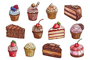 Desserts and sweet cakes sketch vector icons