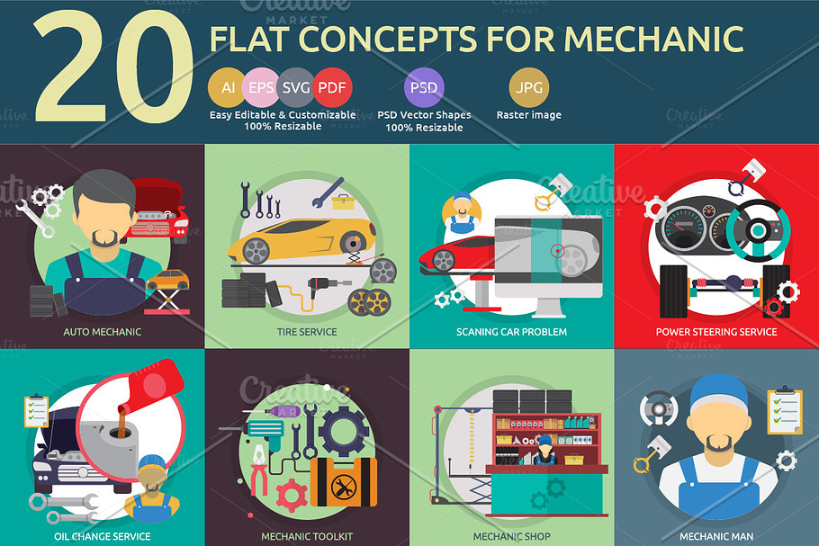 Flat Concepts for Mechanic in Car Dashboard Icons - product preview 8