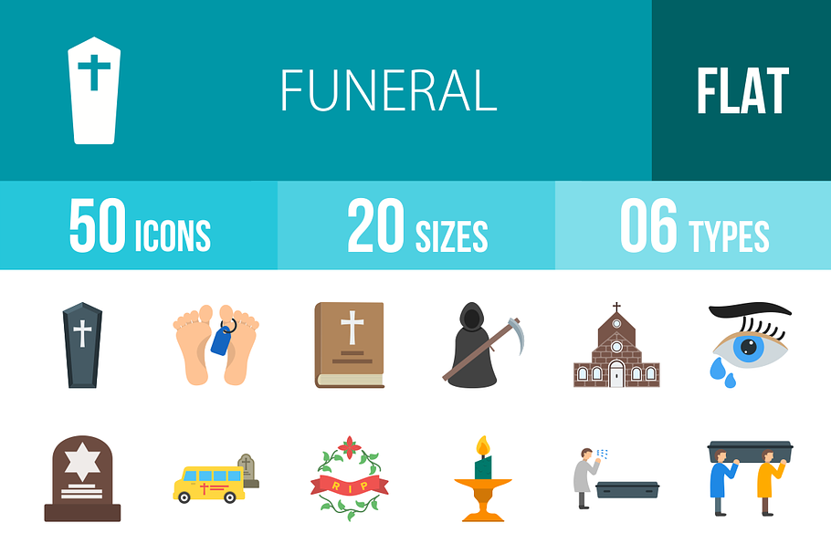50 Funeral Flat Multicolor Icons