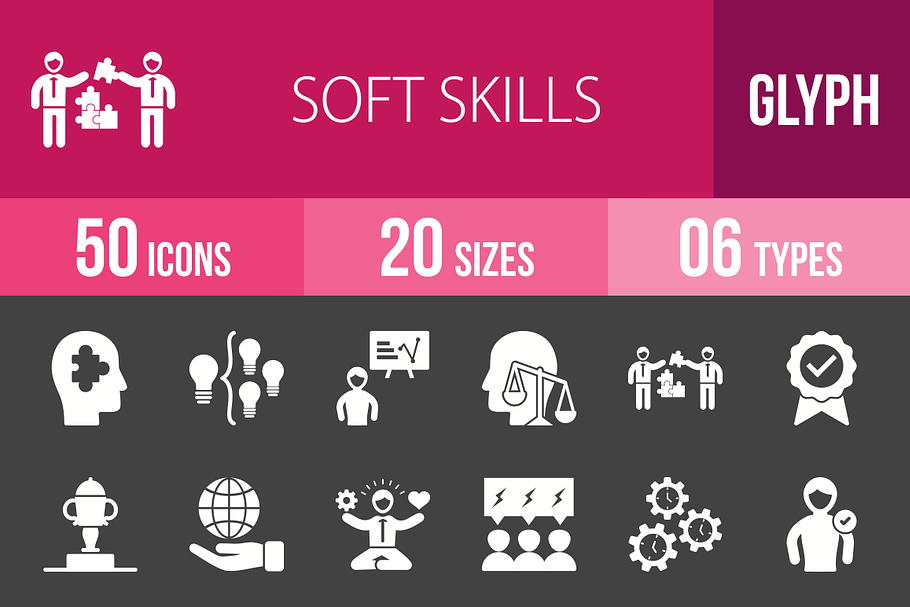 50 Soft Skills Glyph Inverted Icons