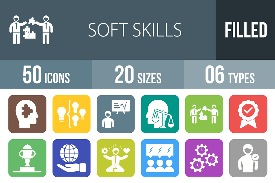 50 Soft Skill Flat Round Corner Icon