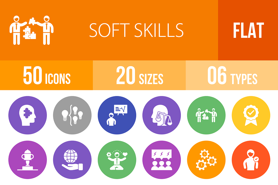 50 Soft Skills Flat Round Icons