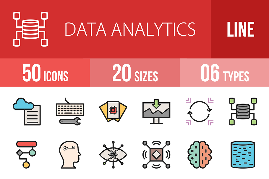 50 Data Analytics Filled Line Icons