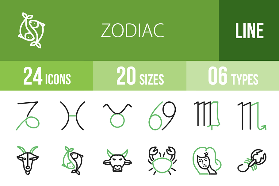 24 Zodiac Line Green & Black Icons