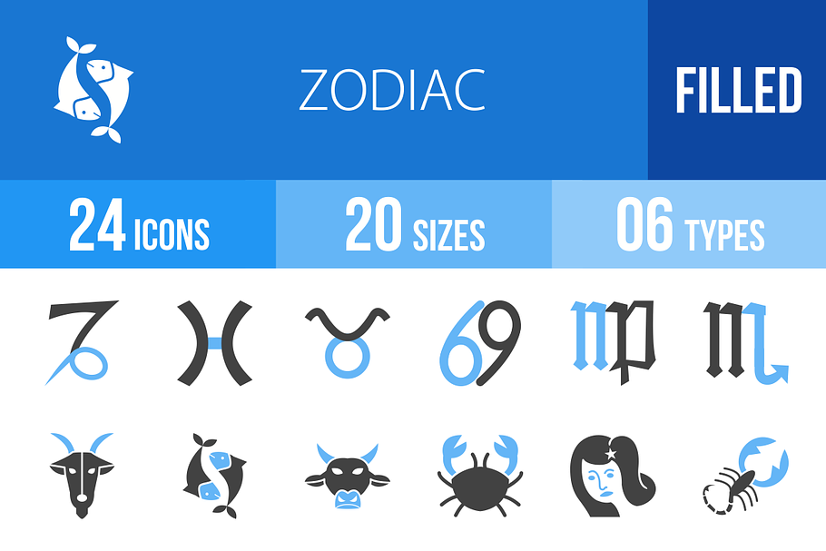 24 Zodiac Blue & Black Icons