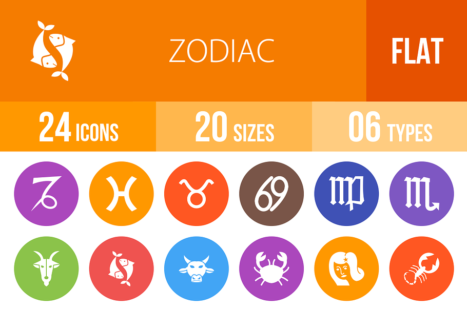 24 Zodiac Flat Round Icons