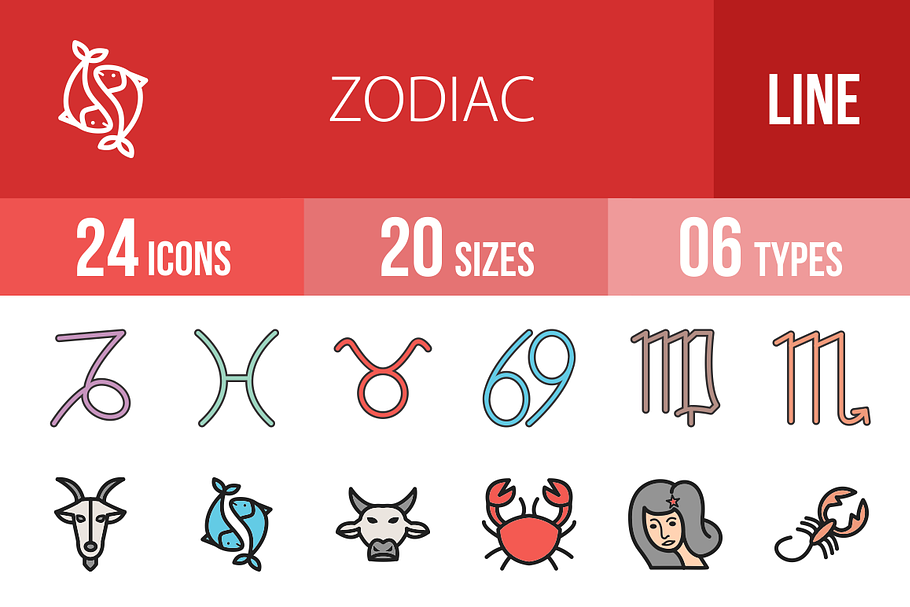24 Zodiac Filled Line Icons