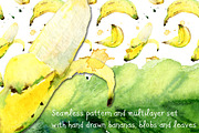 Watercolor bananas, blobs and leaves