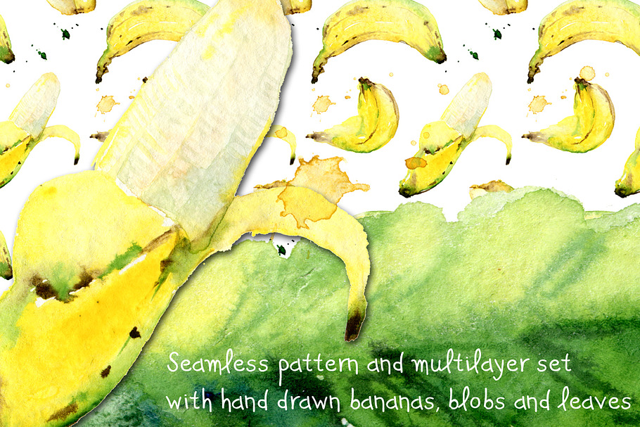 Watercolor bananas, blobs and leaves in Illustrations - product preview 8