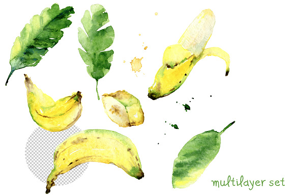 Watercolor bananas, blobs and leaves in Illustrations - product preview 1