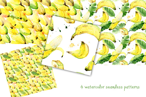 Watercolor bananas, blobs and leaves in Illustrations - product preview 2