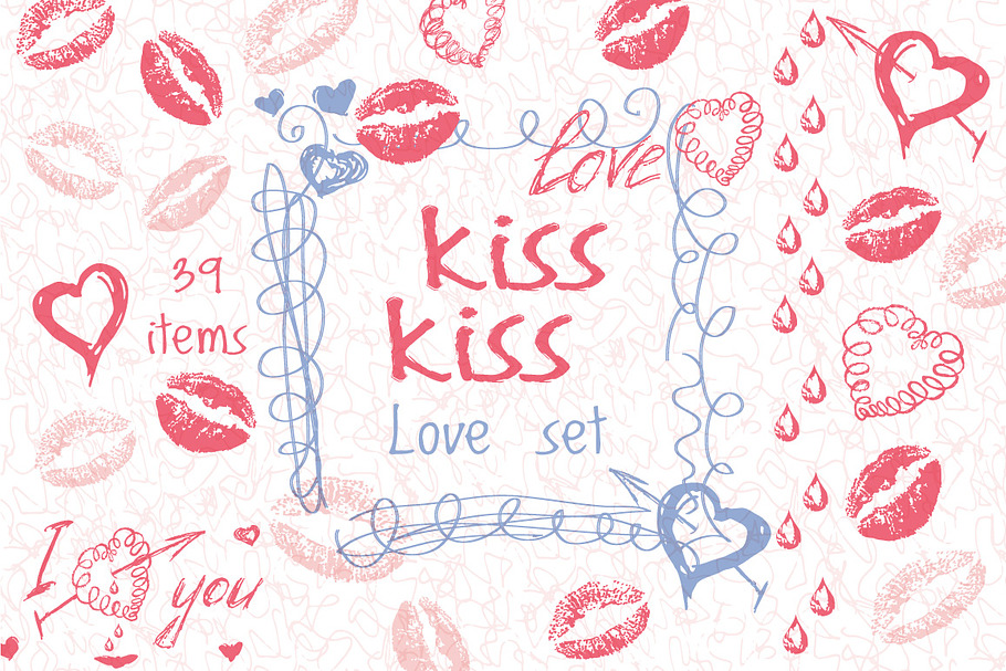 Love set. Hearts kisses doodle