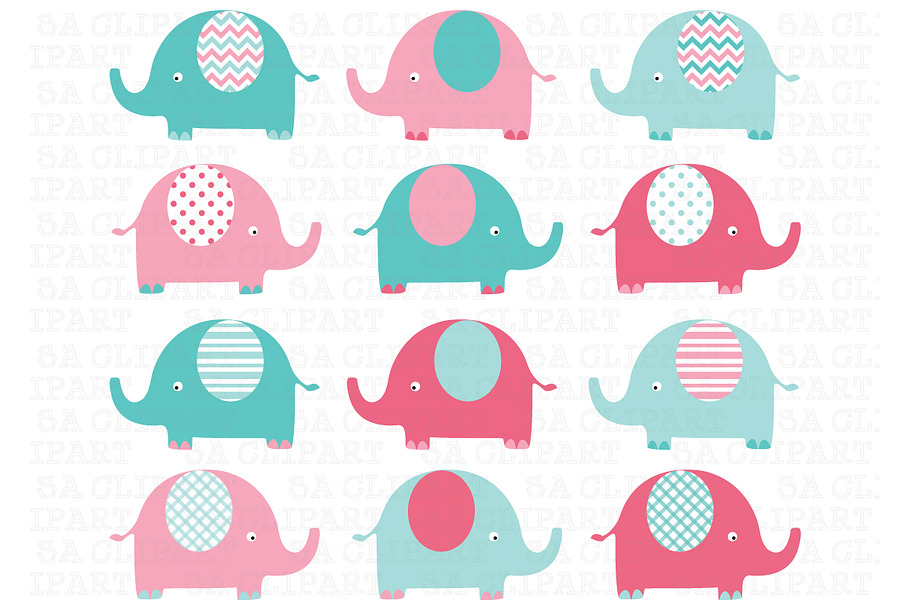Elephants Clip Art (pink and aqua)