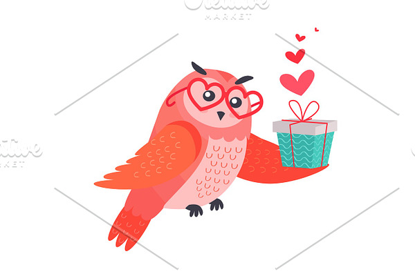 Owl Bird in Heart Shape Glasses Holds Present Box