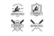 Rowing team logo. Vector emblem of rowing crew with paddles. Rower silhouette.