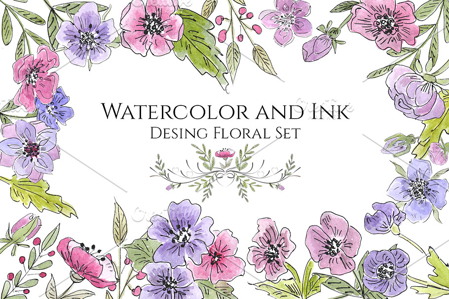 Watercolor and Ink Floral Set