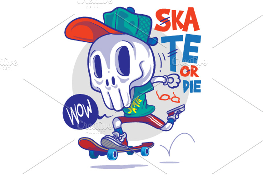 Funny Cartoon Skull and Skateboard