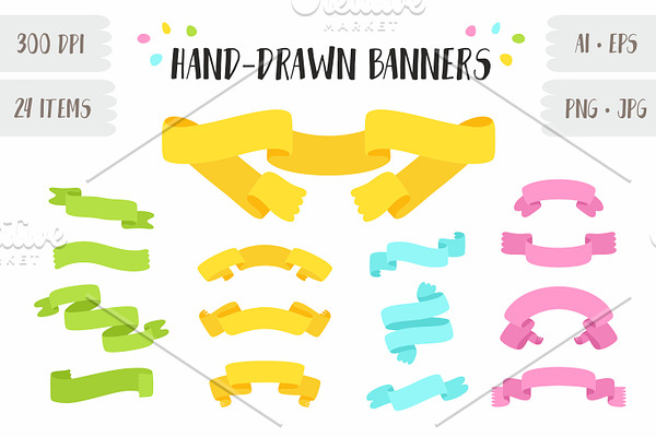 24 HAND-DRAWN BANNERS, RIBBONS.