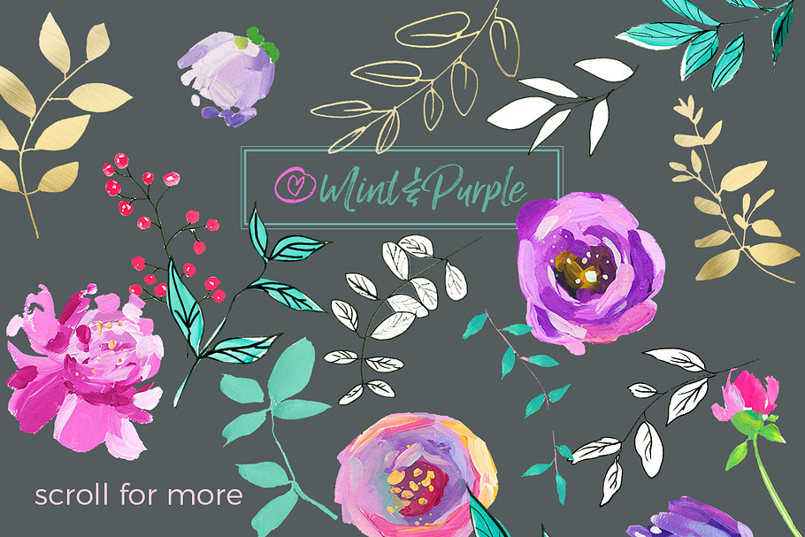 Mint and Purple Watercolor Flowers