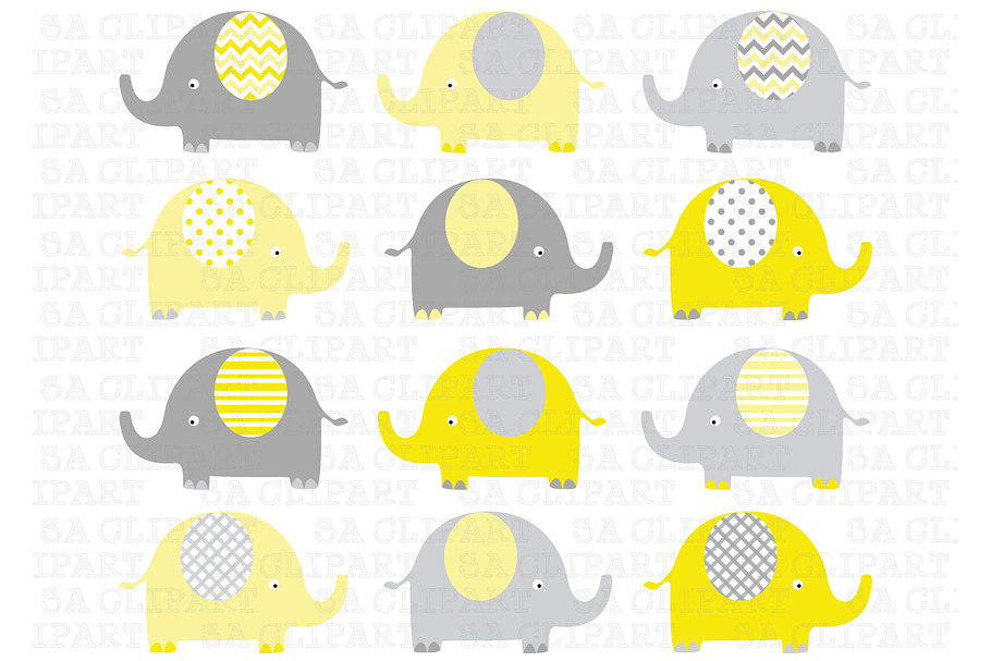 Elephants Clip Art (yellow and grey)