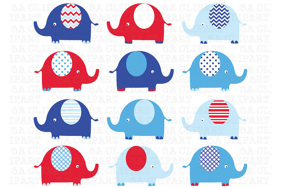 Elephants Clip Art (red and blue)