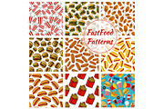 Fast food meal snacks vector seamless patterns set
