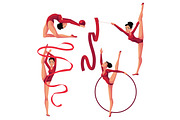Beautiful girl doing rhythmic gymnastics with ribbon, ball, hoop