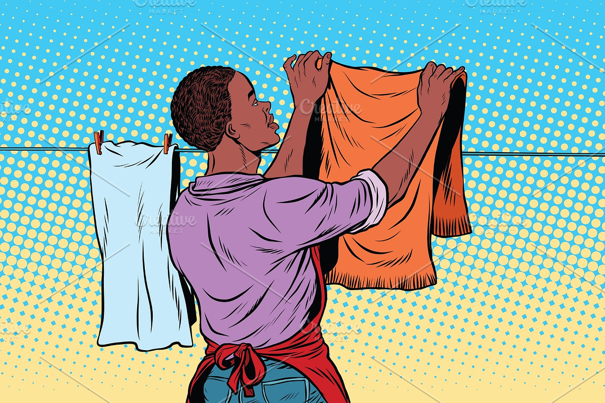 Vintage employee hangs up to dry clothes in Illustrations - product preview 8