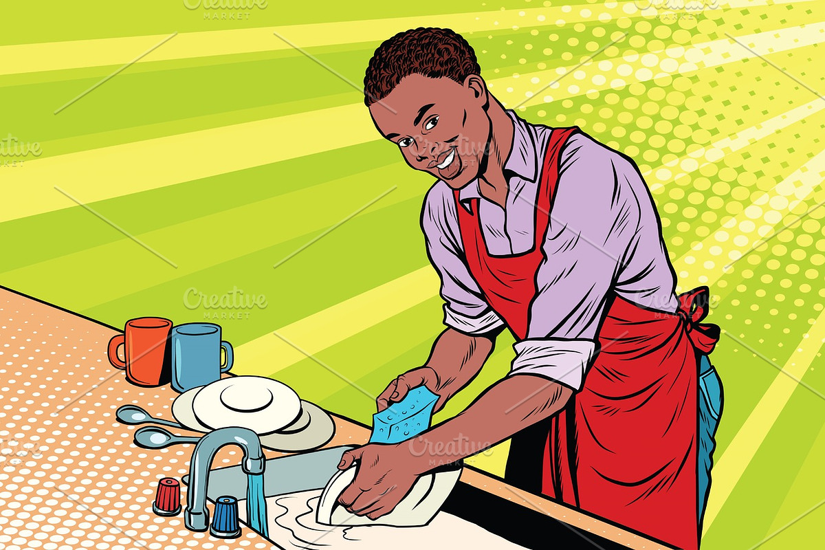 Vintage worker washes dishes in Illustrations - product preview 8
