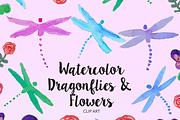 Watercolor Dragonflies & Flowers
