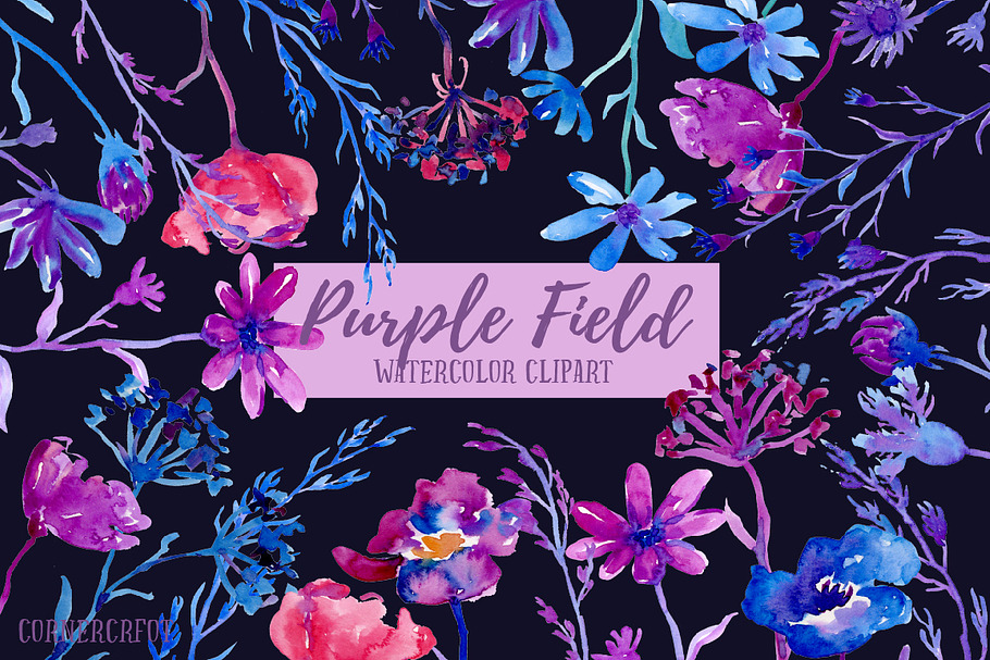 Watercolor Purple field Dark Flowers