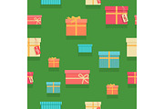 Seamless Pattern Gift Boxes with Ribbons and Bows