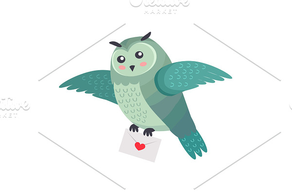 Owl Bird Flying with Letter of Love with Heart Isolated