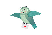 Owl Bird Flying with Letter of Love with Heart Isolated