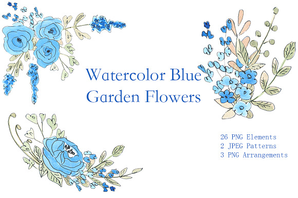 Watercolor and Ink Blue Floral Set in Illustrations - product preview 1