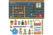 Garden equipment line flat illustration
