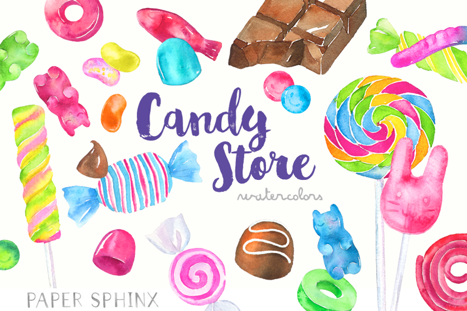 Watercolor Candy Shop Clipart