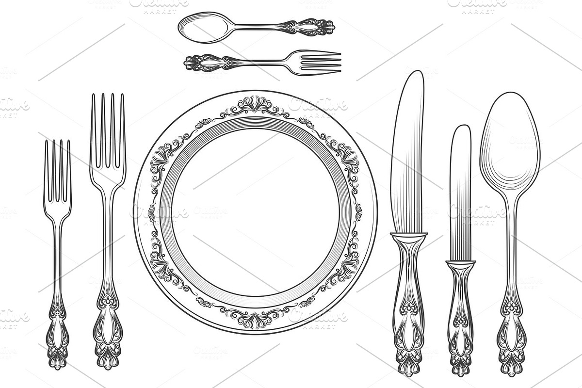 Engraving cutlery and dinner plates in Illustrations - product preview 8