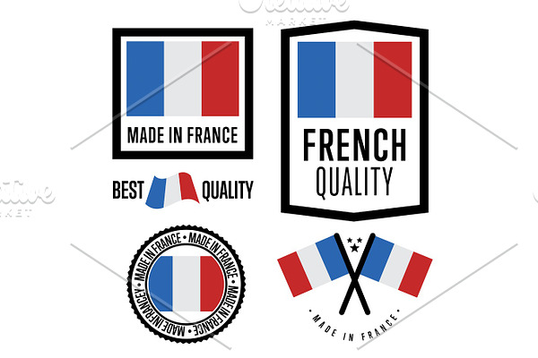 Made in France label set. Vector national flag