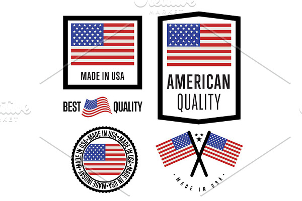 Made in American label set. Vector national flag