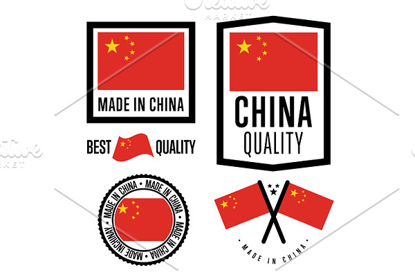 Made in China label set. Vector national flag