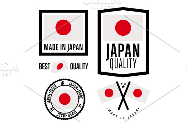 Made in Japan label set. Vector national flag