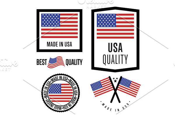 Made in USA label set. Vector national flag