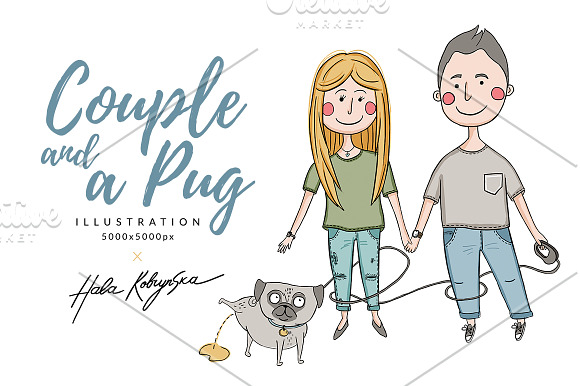 Couple with a cute pug illustration in Illustrations - product preview 1